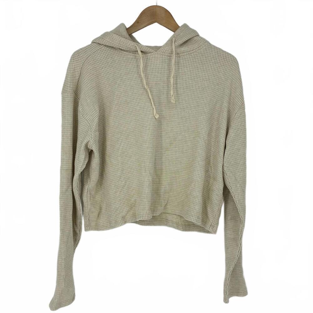 Abound Womens Beige Waffle Knit Cropped Hoodie Sweatshirt Sz Large